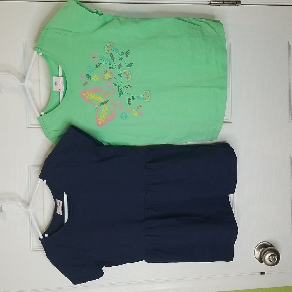 Hanna Andersson Lot of 2 Shirts Navy Peplum & Green Floral Print, Size 10 (140)